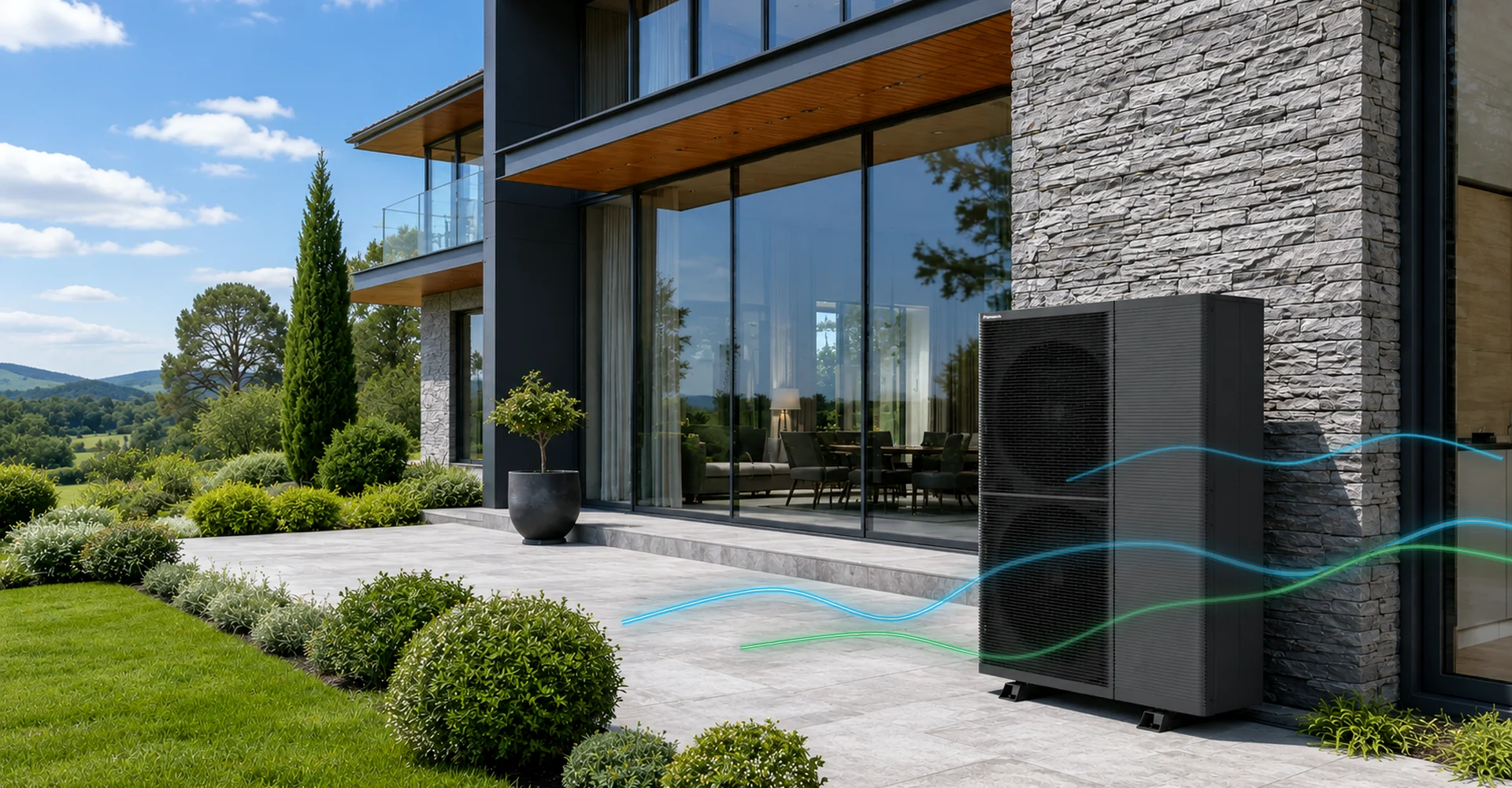 Panasonic M-Series T-CAP air source heat pump beside a modern home.