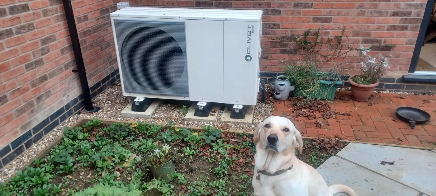 Clivet air source heat pump installed outside a property.